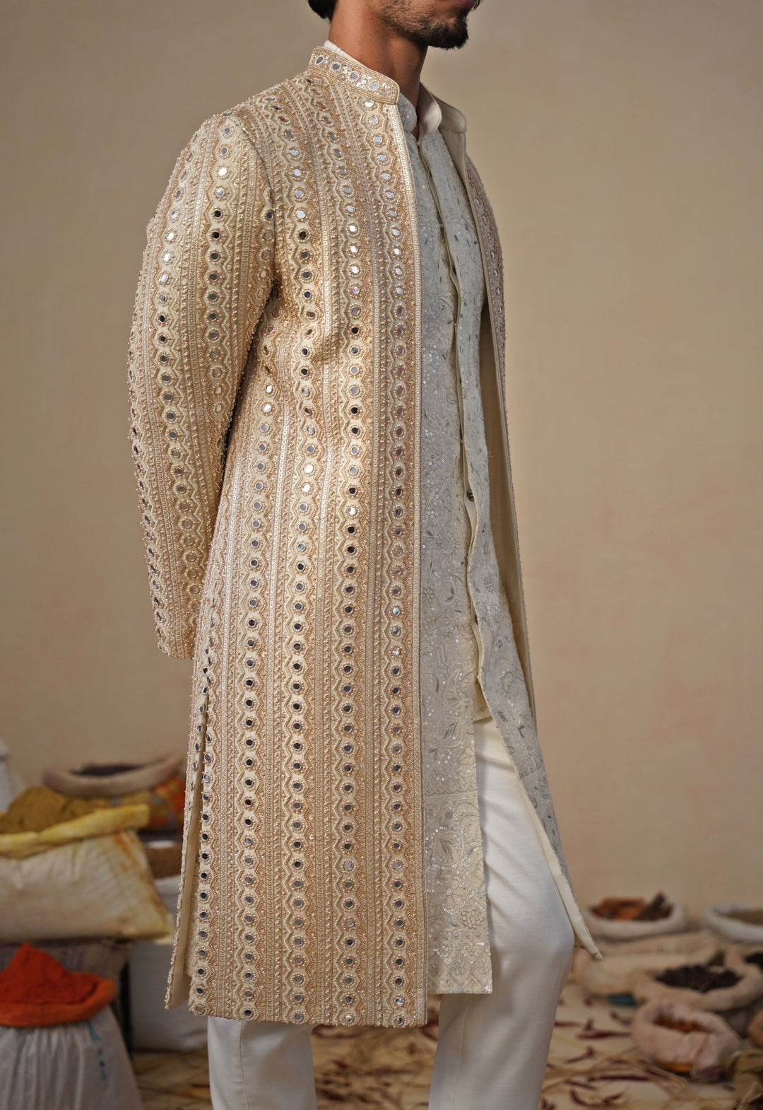 Gold and Ivory Georgette Sherwani Set Kalpraag - Fabilicious Fashion
