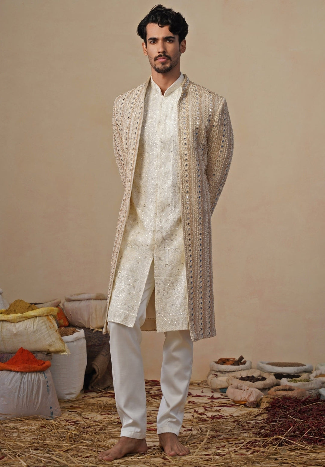 Gold and Ivory Georgette Sherwani Set Kalpraag - Fabilicious Fashion