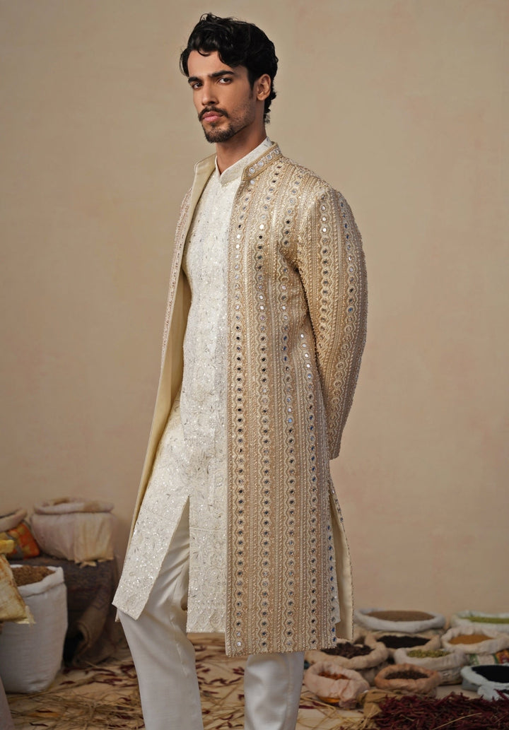 Gold and Ivory Georgette Sherwani Set Kalpraag - Fabilicious Fashion