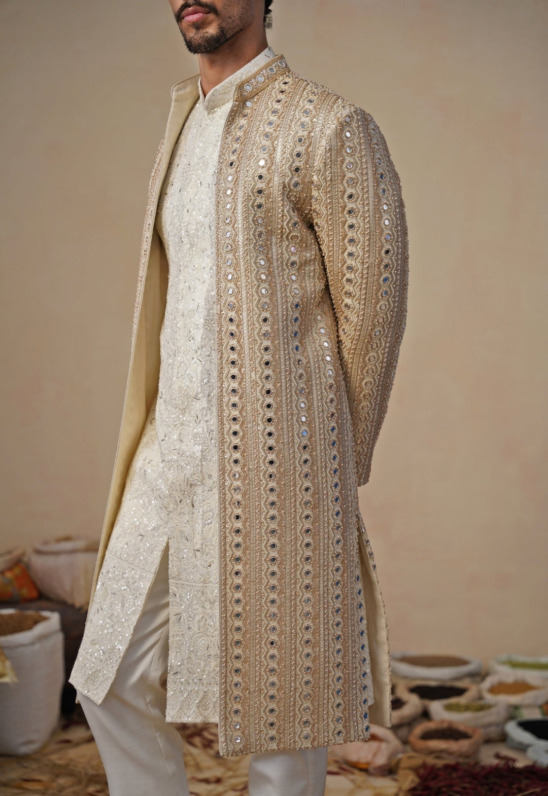 Gold and Ivory Georgette Sherwani Set Kalpraag - Fabilicious Fashion