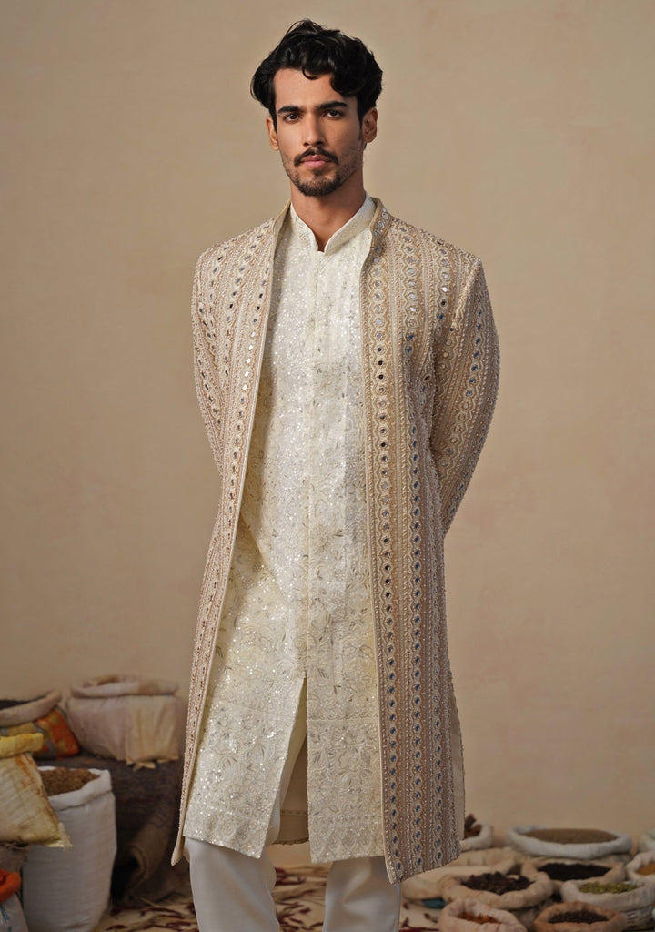 Gold and Ivory Georgette Sherwani Set Kalpraag - Fabilicious Fashion