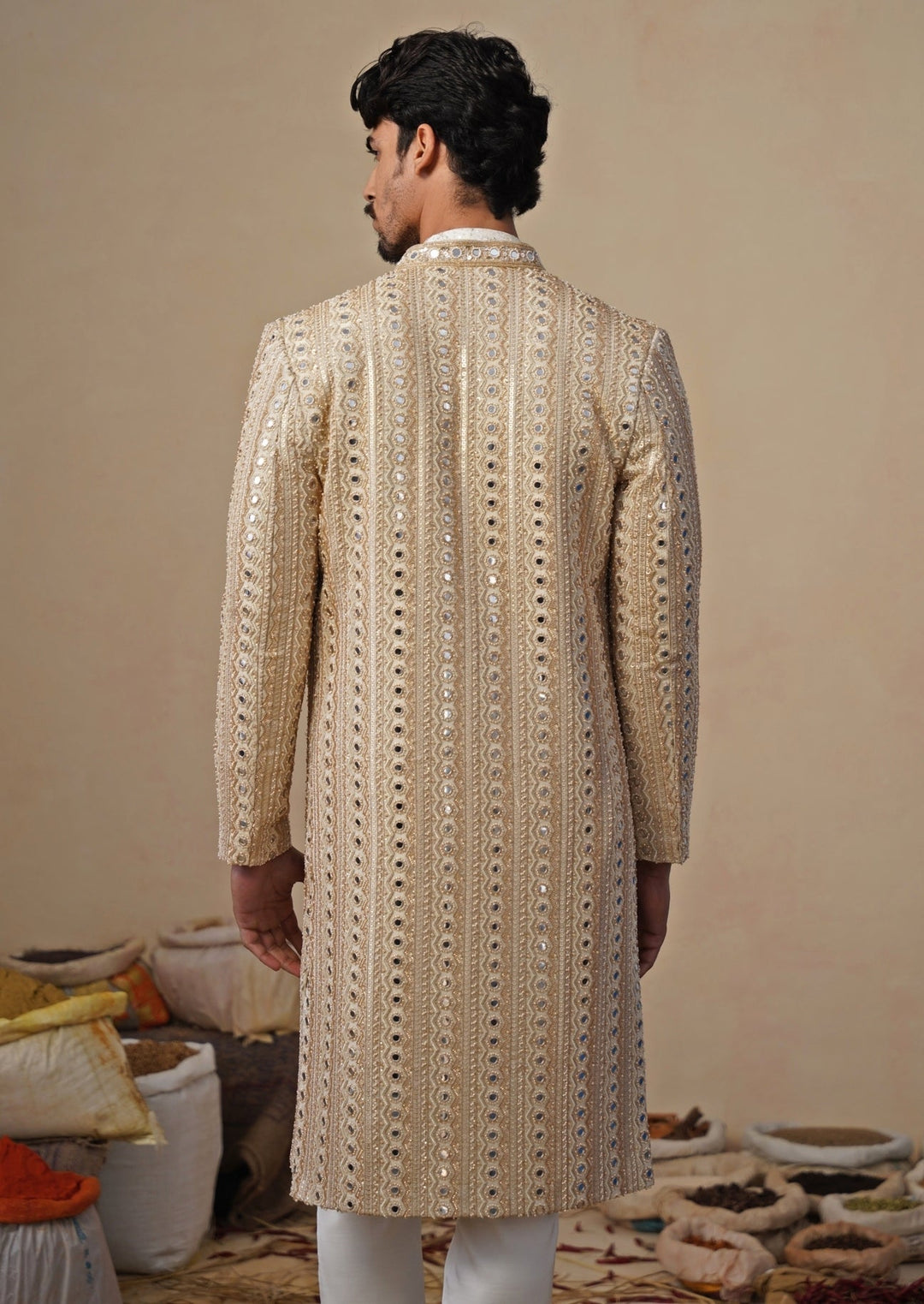 Gold and Ivory Georgette Sherwani Set Kalpraag - Fabilicious Fashion