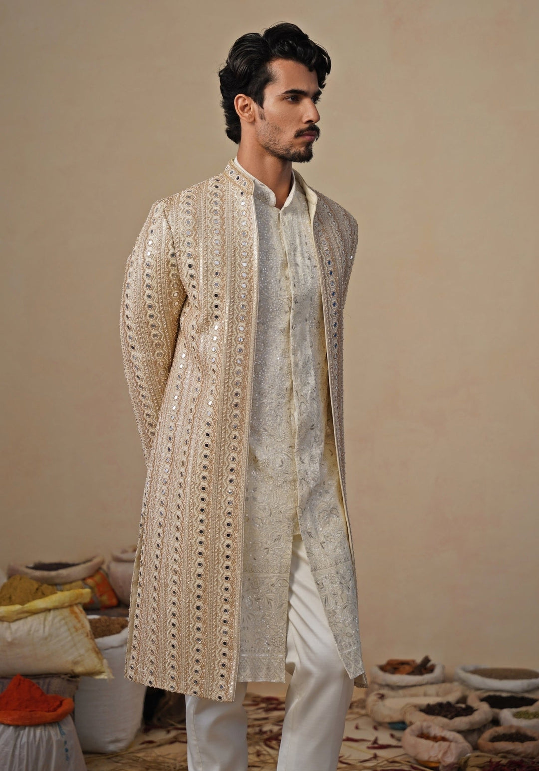 Gold and Ivory Georgette Sherwani Set Kalpraag - Fabilicious Fashion