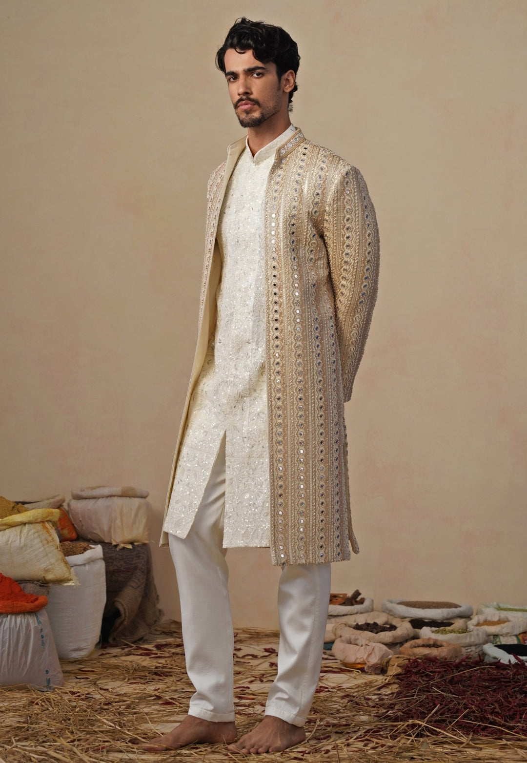 Gold and Ivory Georgette Sherwani Set Kalpraag - Fabilicious Fashion