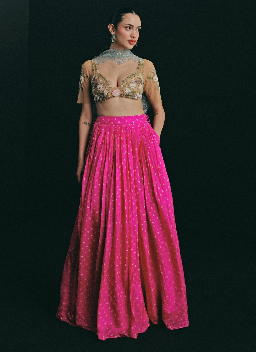 The Little Black Bow Gold And Pink Bandhani Silk Skirt SetFabilicious Fashion