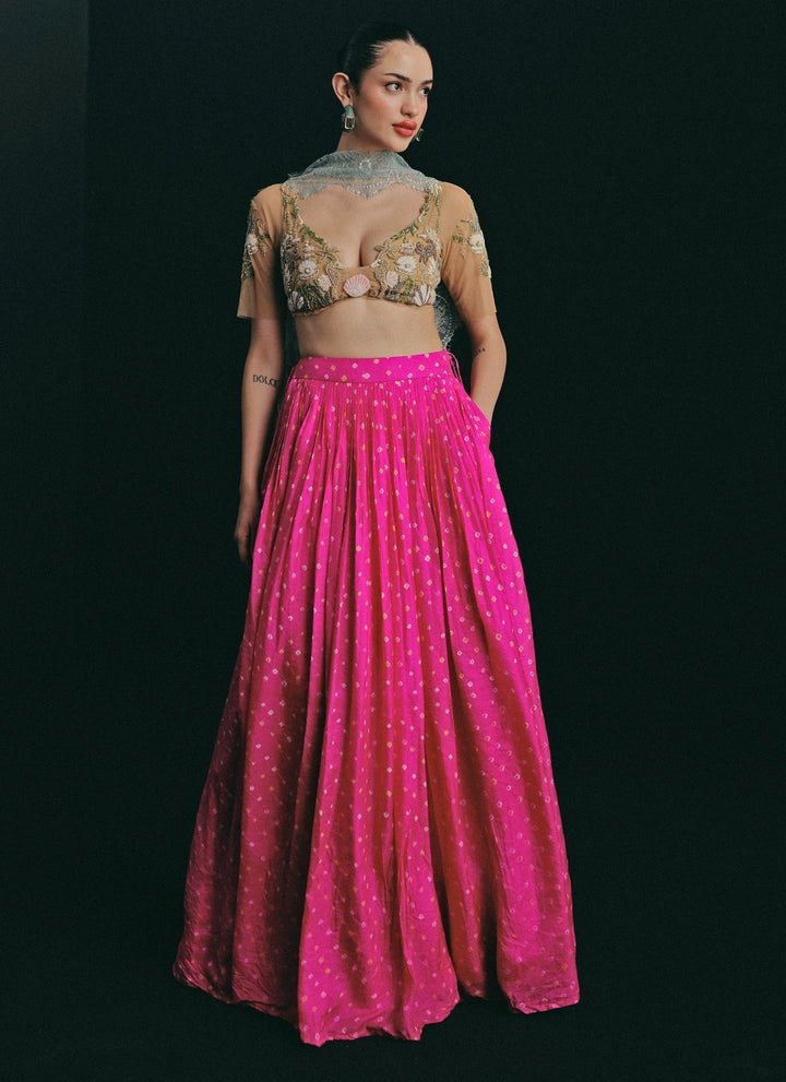 The Little Black Bow Gold And Pink Bandhani Silk Skirt SetFabilicious Fashion