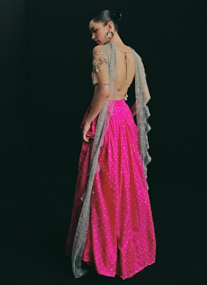 The Little Black Bow Gold And Pink Bandhani Silk Skirt SetFabilicious Fashion