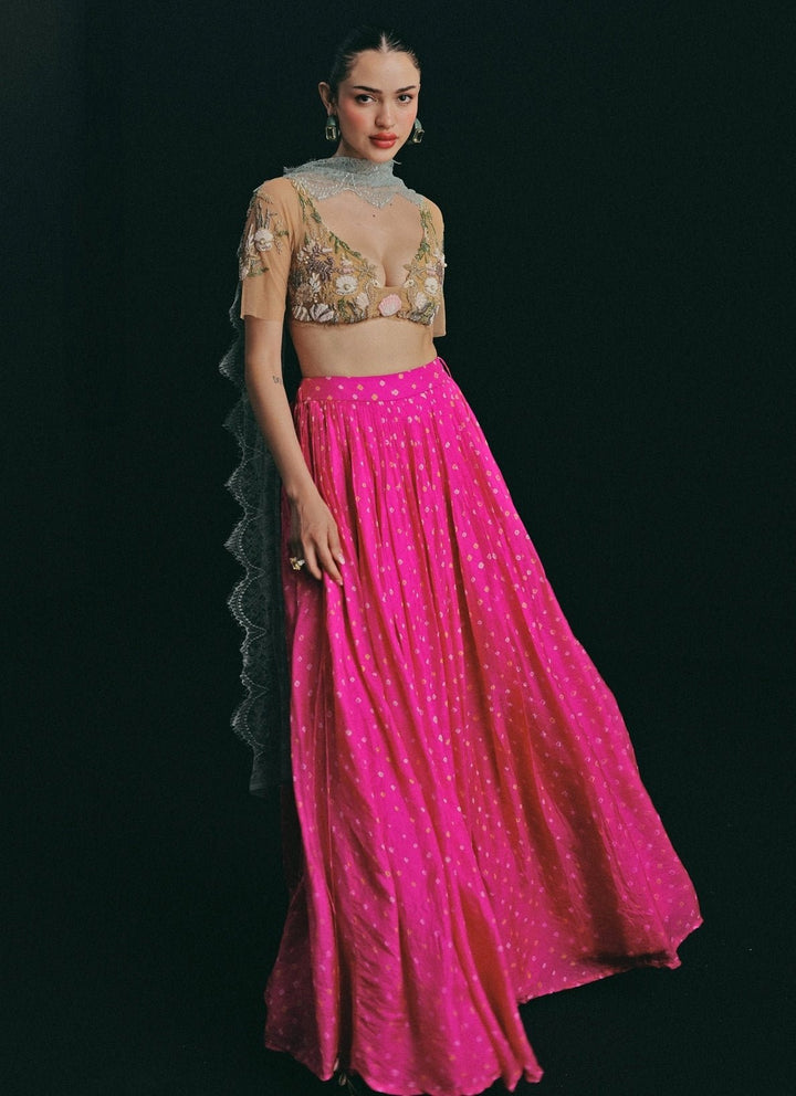 The Little Black Bow Gold And Pink Bandhani Silk Skirt SetFabilicious Fashion