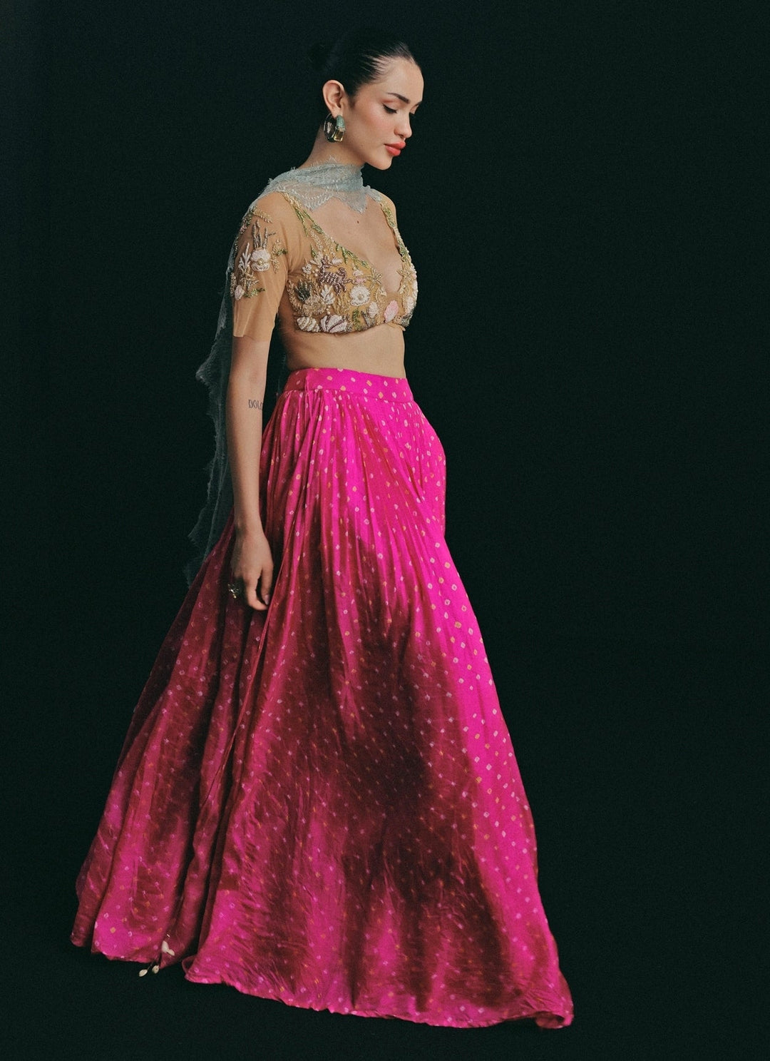 The Little Black Bow Gold And Pink Bandhani Silk Skirt SetFabilicious Fashion