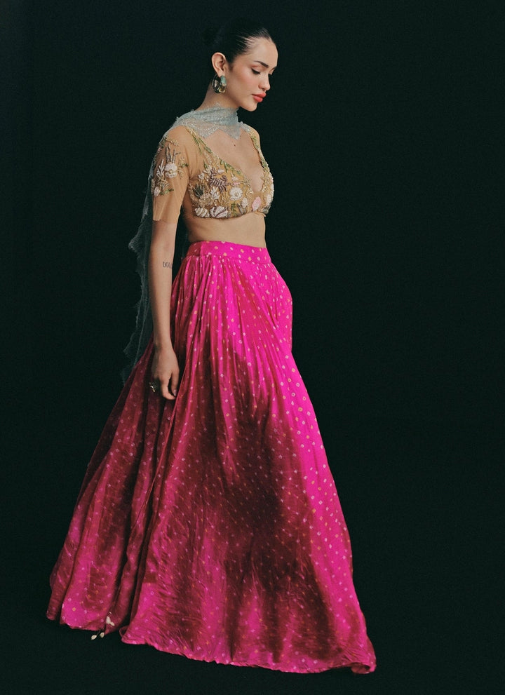 The Little Black Bow Gold And Pink Bandhani Silk Skirt SetFabilicious Fashion