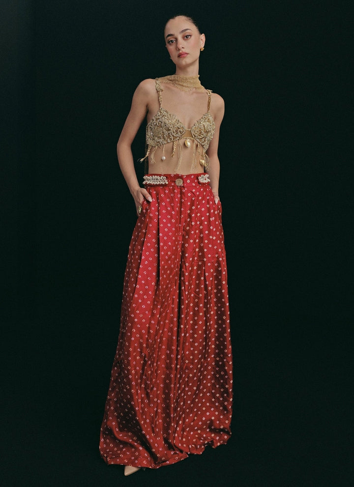 The Little Black Bow Gold And Red Bandhani Silk Pants SetFabilicious Fashion