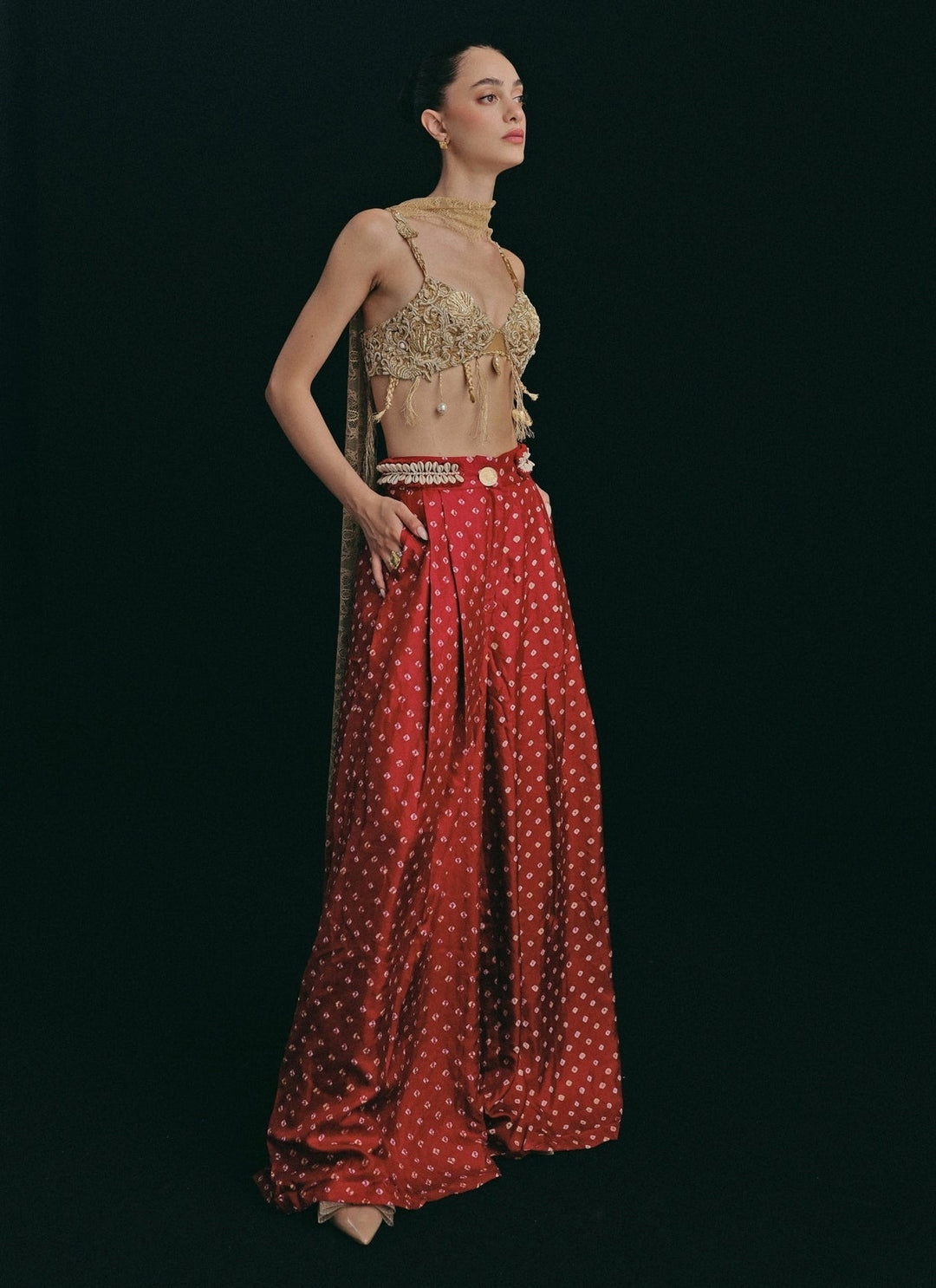 The Little Black Bow Gold And Red Bandhani Silk Pants SetFabilicious Fashion