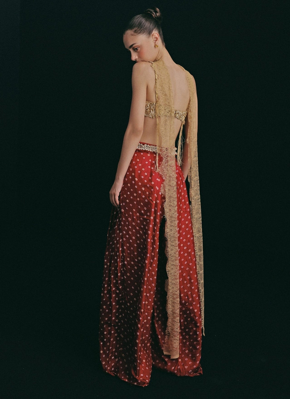 The Little Black Bow Gold And Red Bandhani Silk Pants SetFabilicious Fashion