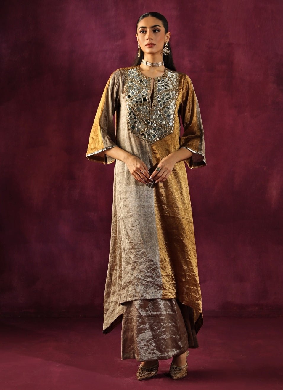 Twenty Nine Gold And Silver Banarasi Tissue Asymmetric Kurta Pants SetFabilicious Fashion