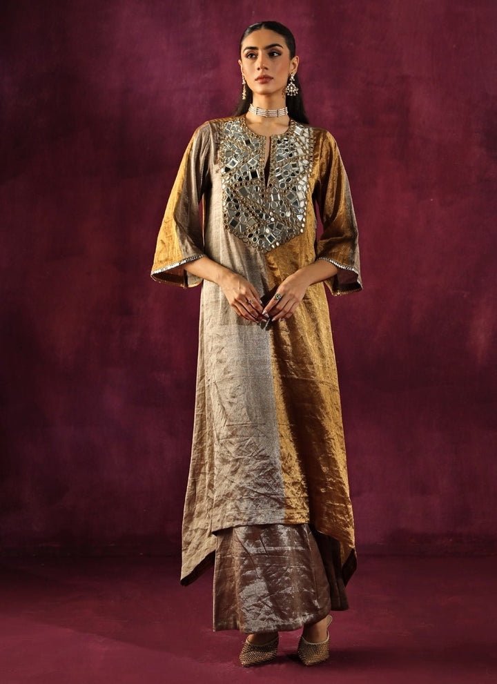 Twenty Nine Gold And Silver Banarasi Tissue Asymmetric Kurta Pants SetFabilicious Fashion