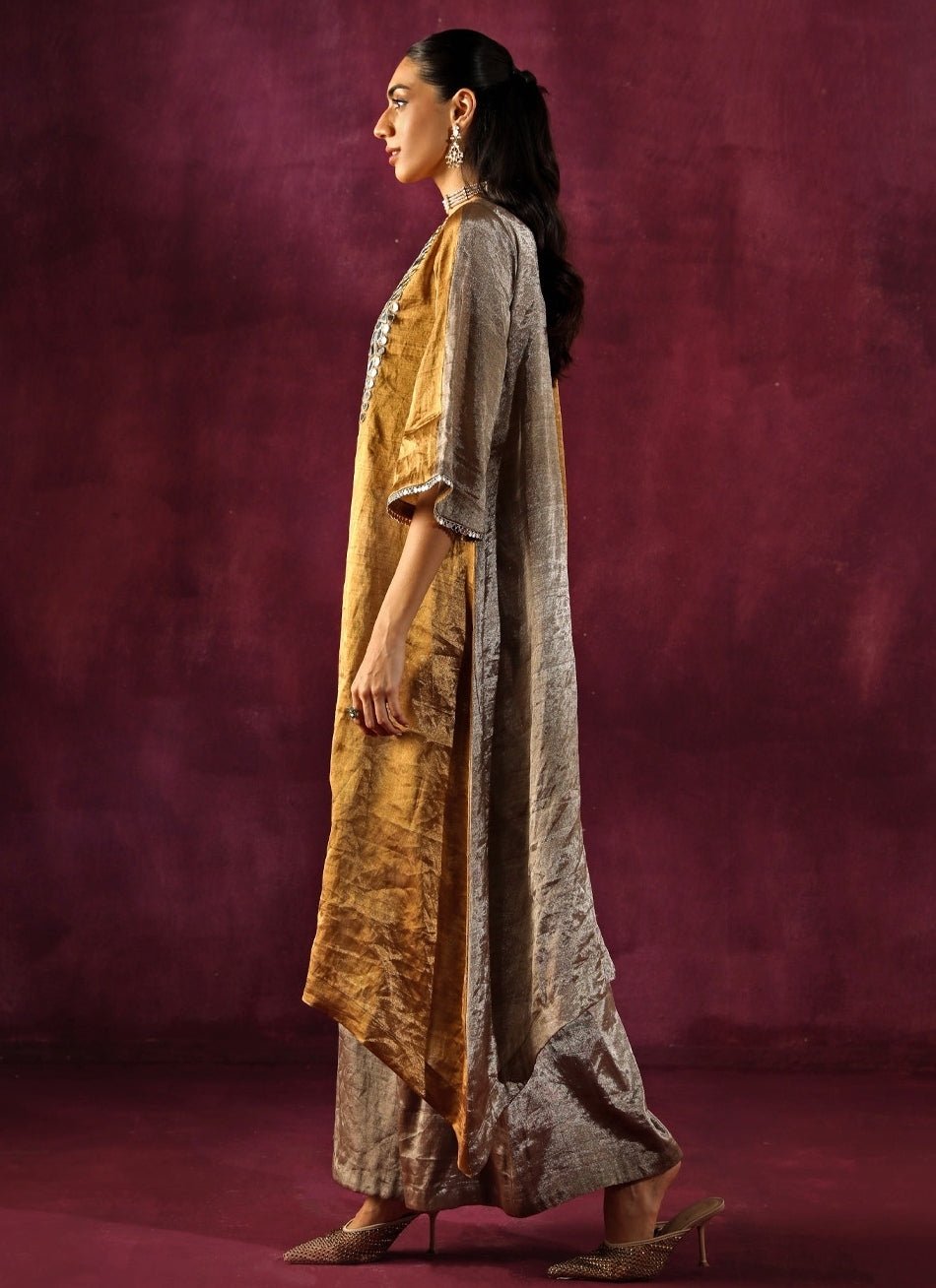 Twenty Nine Gold And Silver Banarasi Tissue Asymmetric Kurta Pants SetFabilicious Fashion