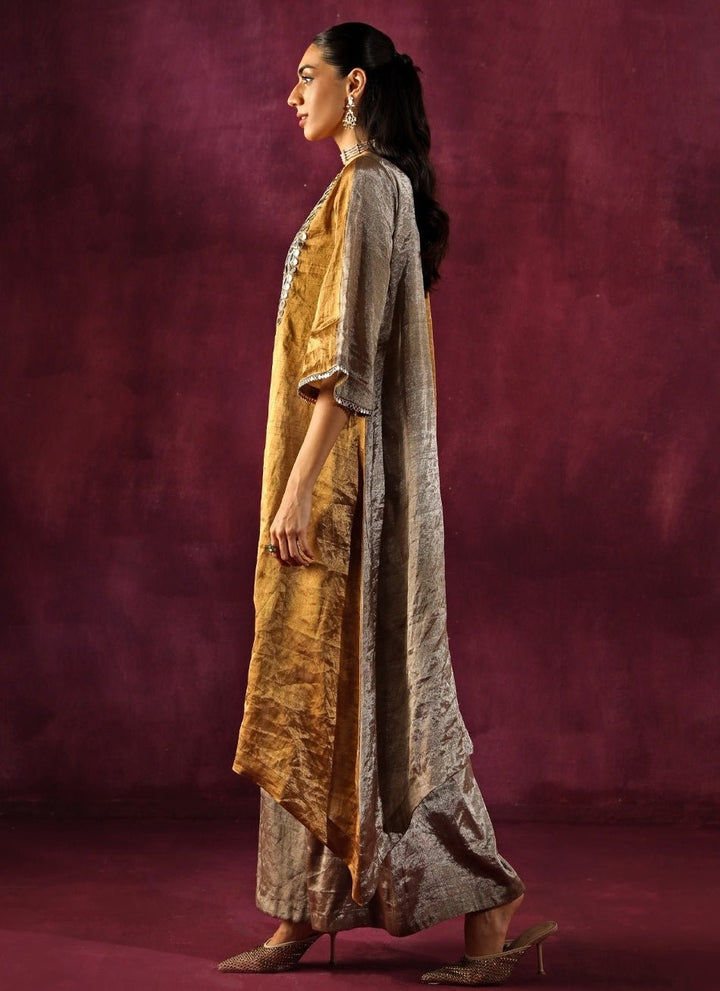 Twenty Nine Gold And Silver Banarasi Tissue Asymmetric Kurta Pants SetFabilicious Fashion