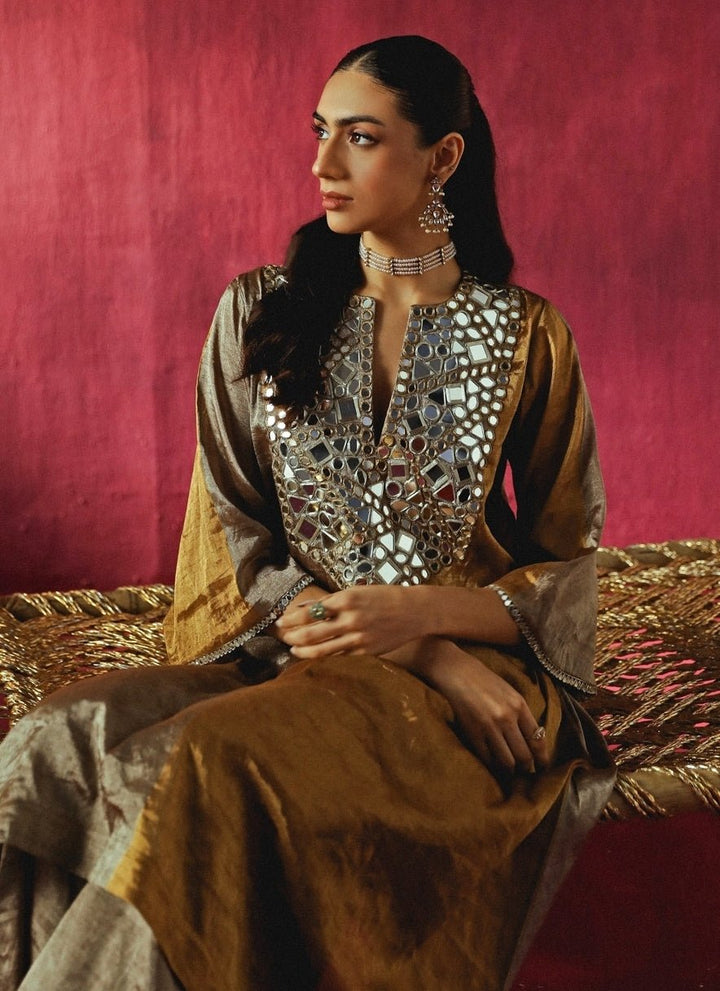 Twenty Nine Gold And Silver Banarasi Tissue Asymmetric Kurta Pants SetFabilicious Fashion