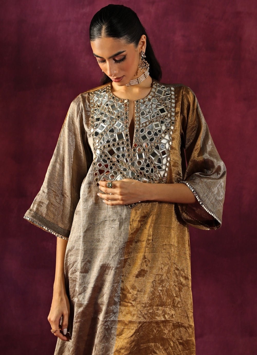 Twenty Nine Gold And Silver Banarasi Tissue Asymmetric Kurta Pants SetFabilicious Fashion