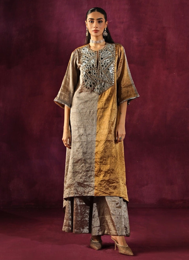 Twenty Nine Gold And Silver Banarasi Tissue Asymmetric Kurta Pants SetFabilicious Fashion