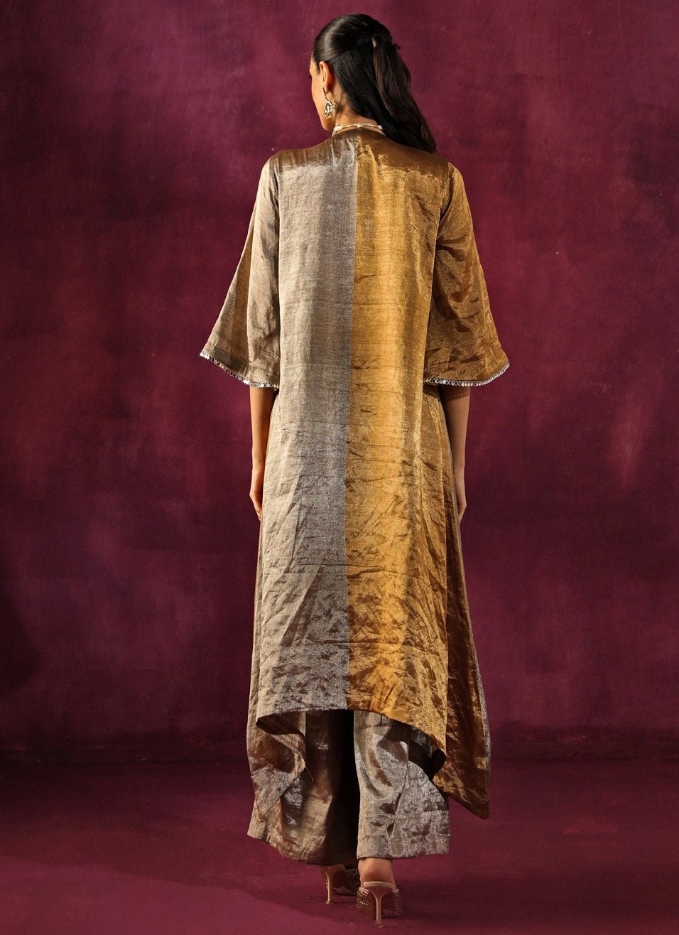 Twenty Nine Gold And Silver Banarasi Tissue Asymmetric Kurta Pants SetFabilicious Fashion