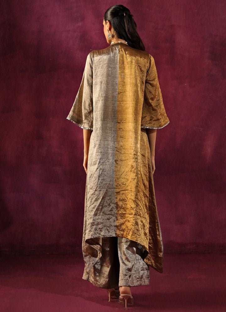 Twenty Nine Gold And Silver Banarasi Tissue Asymmetric Kurta Pants SetFabilicious Fashion