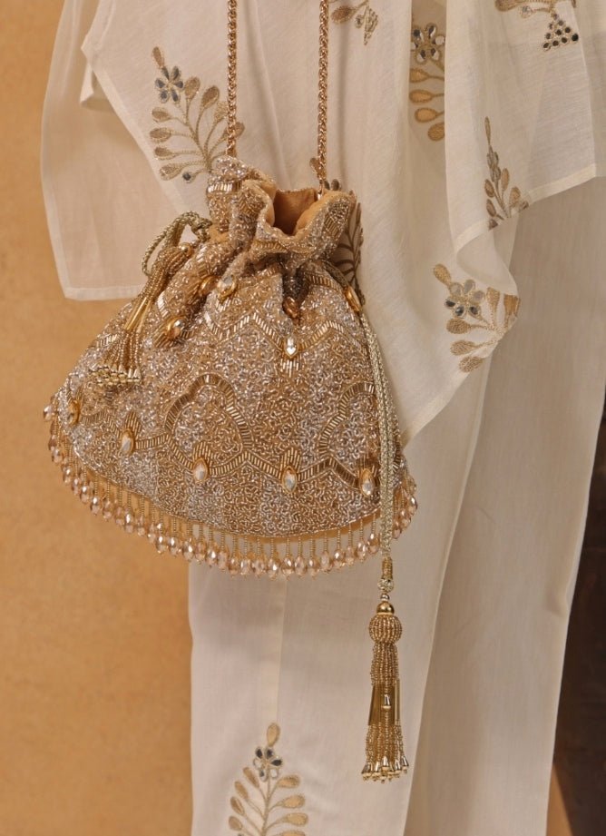 Gold And Silver Georgette Embellished Potli House of Kosha - Fabilicious Fashion