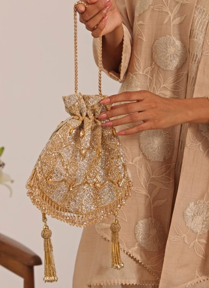 Gold And Silver Georgette Embellished Potli House of Kosha - Fabilicious Fashion