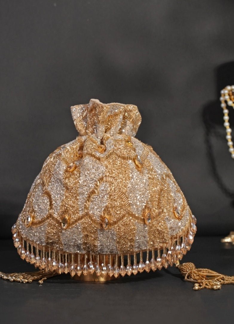 Gold And Silver Georgette Embellished Potli House of Kosha - Fabilicious Fashion