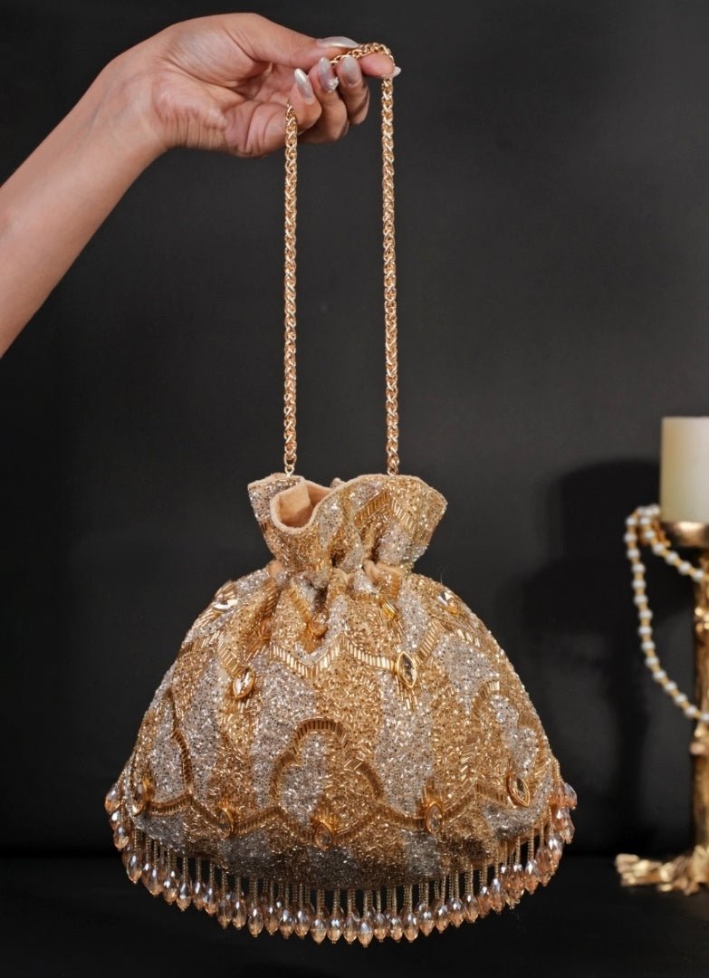 Gold And Silver Georgette Embellished Potli House of Kosha - Fabilicious Fashion