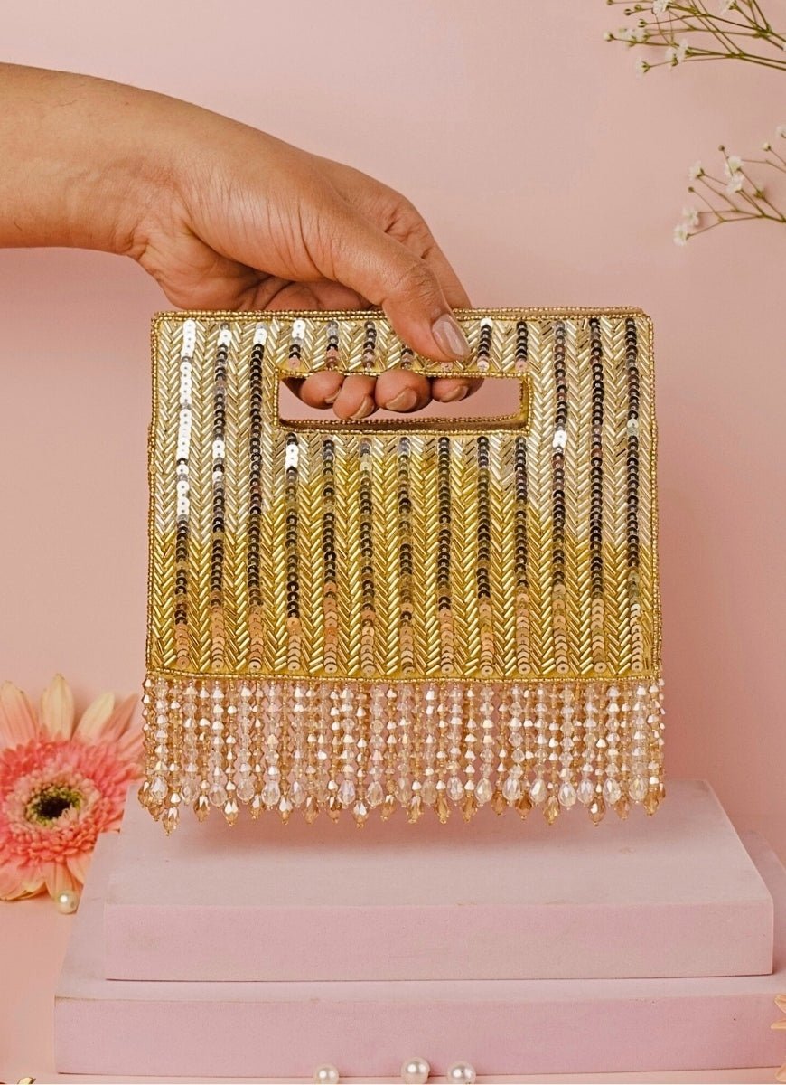 Gold And Silver Suede Embellished Clutch House of Kosha - Fabilicious Fashion