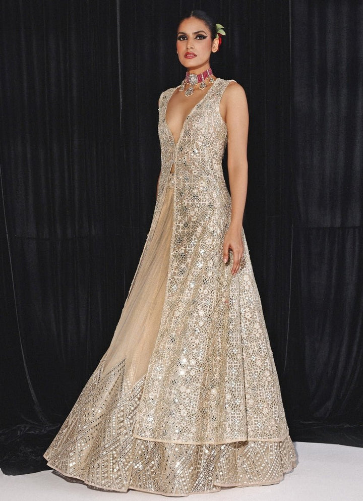 Gold Applique Work Lehenga With Long Cape Twenty Nine - Fabilicious Fashion