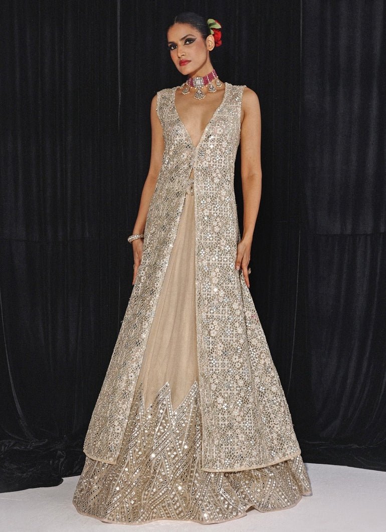 Gold Applique Work Lehenga With Long Cape Twenty Nine - Fabilicious Fashion