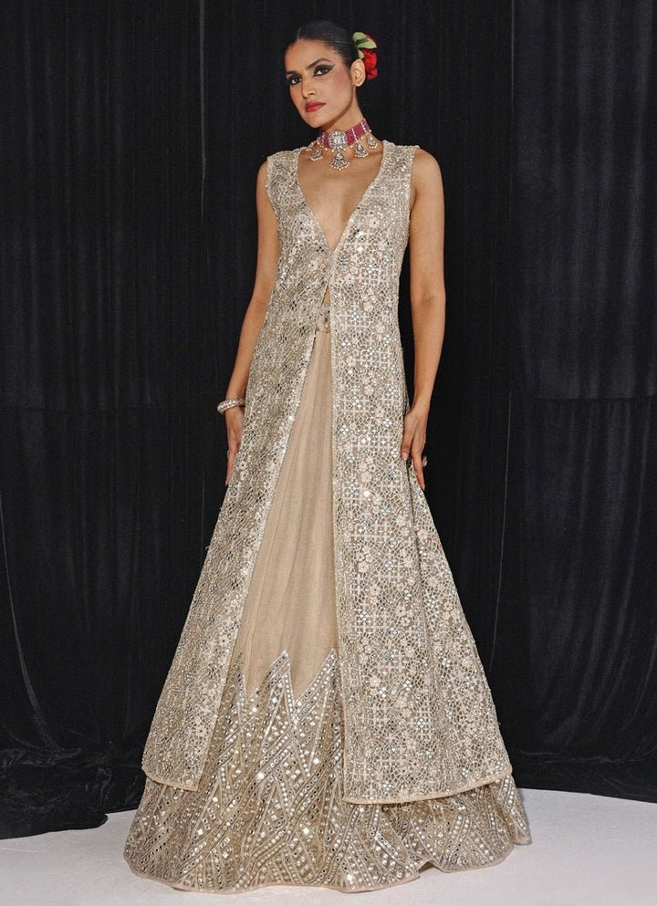 Gold Applique Work Lehenga With Long Cape Twenty Nine - Fabilicious Fashion