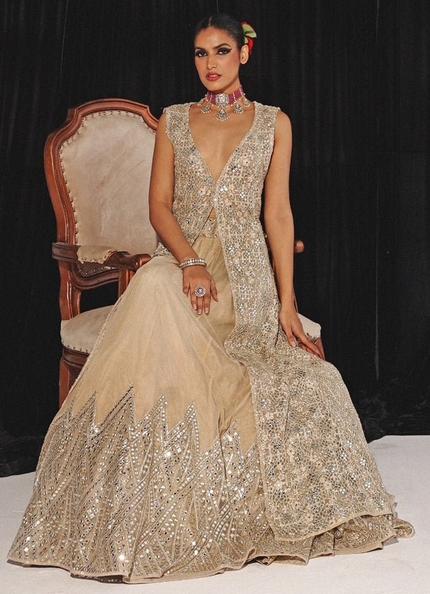 Gold Applique Work Lehenga With Long Cape Twenty Nine - Fabilicious Fashion
