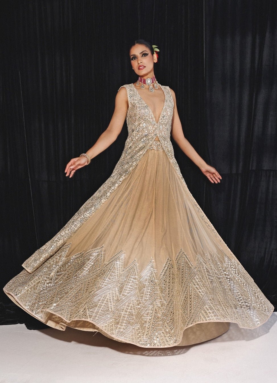 Gold Applique Work Lehenga With Long Cape Twenty Nine - Fabilicious Fashion