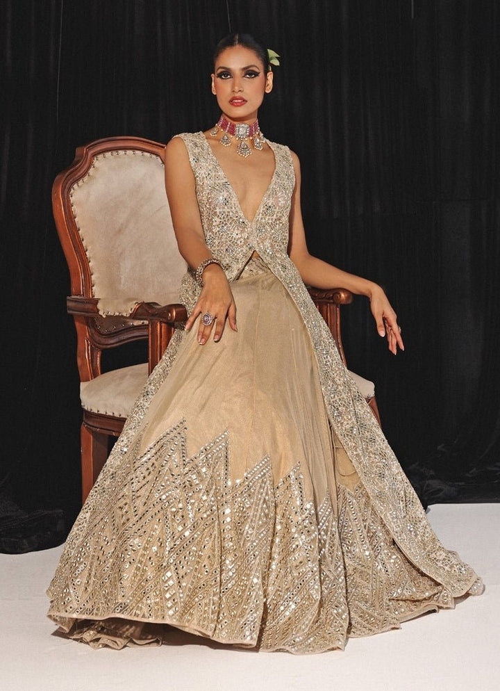 Gold Applique Work Lehenga With Long Cape Twenty Nine - Fabilicious Fashion
