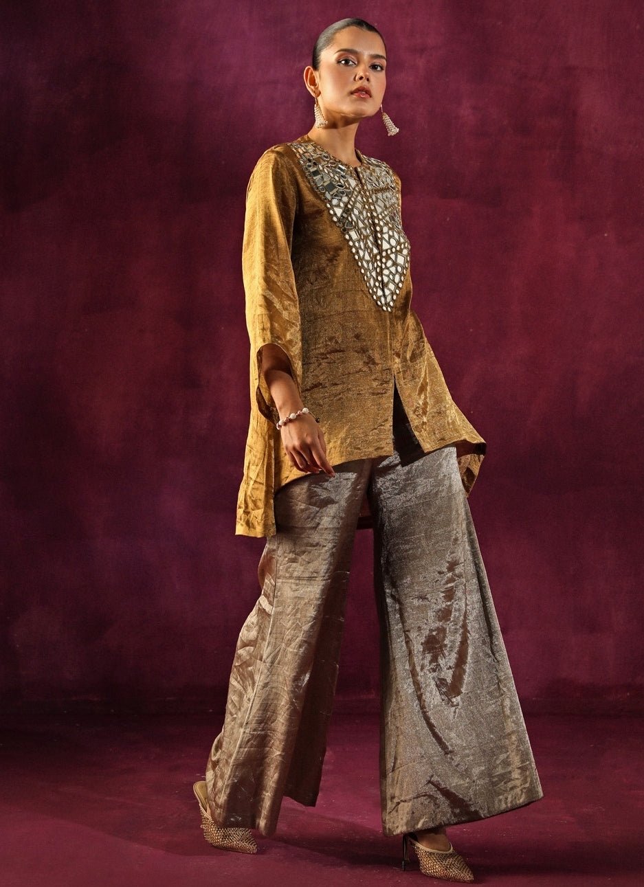 Twenty Nine Gold Banarasi Tissue Mirrorwork Tunic With Silver PantsFabilicious Fashion