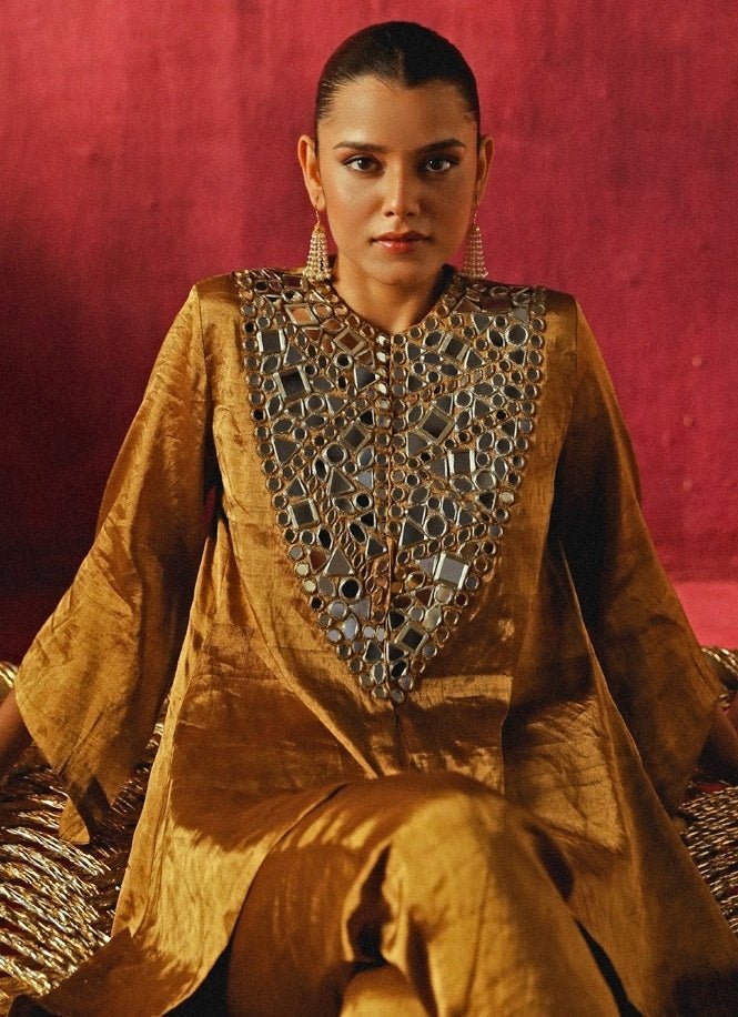 Twenty Nine Gold Banarasi Tissue Mirrorwork Tunic With Silver PantsFabilicious Fashion
