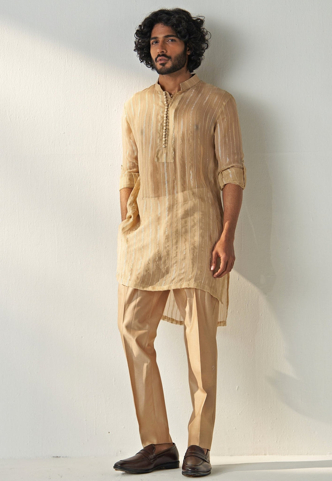 Gold Beige Sequin Embroidered Kurta Pant Set Studio Bagechaa - Men - Fabilicious Fashion