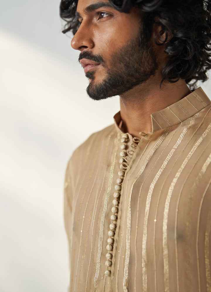 Gold Beige Sequin Embroidered Kurta Pant Set Studio Bagechaa - Men - Fabilicious Fashion