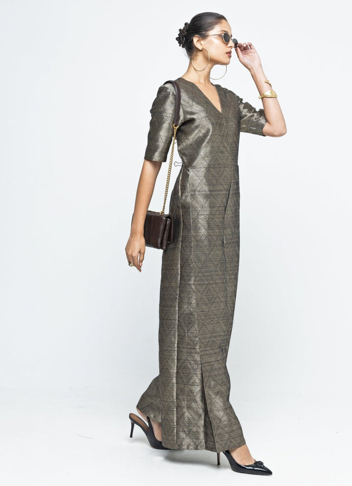 Gold Black Silk Handwoven Jumpsuit Sobariko - Fabilicious Fashion