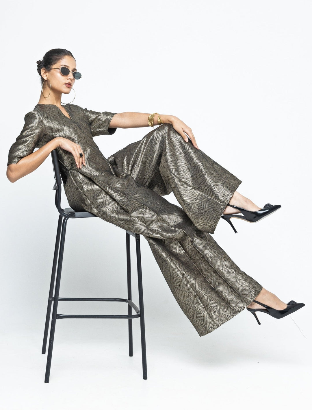 Gold Black Silk Handwoven Jumpsuit Sobariko - Fabilicious Fashion