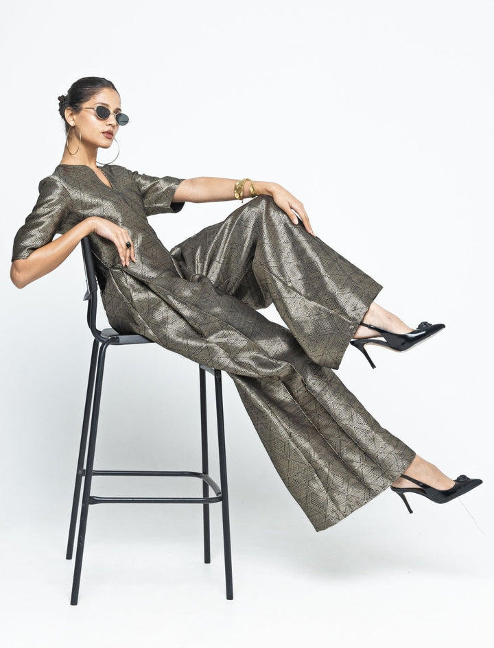 Gold Black Silk Handwoven Jumpsuit Sobariko - Fabilicious Fashion