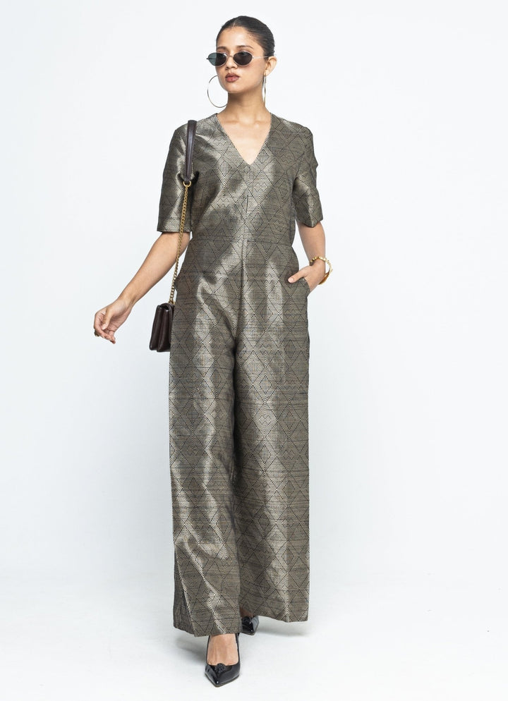 Gold Black Silk Handwoven Jumpsuit Sobariko - Fabilicious Fashion