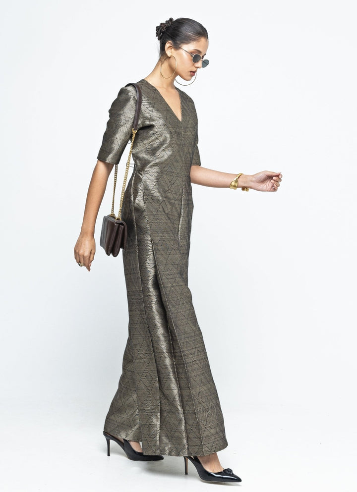 Gold Black Silk Handwoven Jumpsuit Sobariko - Fabilicious Fashion