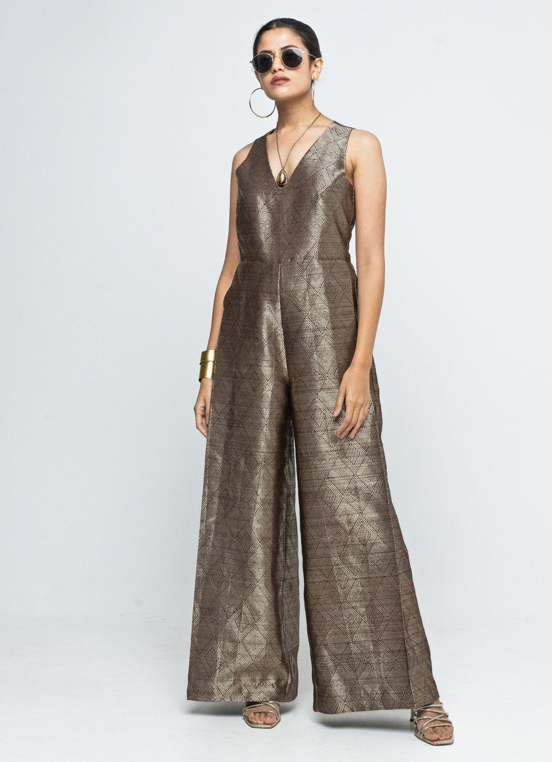 Gold Brown Silk Handwoven Jumpsuit Sobariko - Fabilicious Fashion
