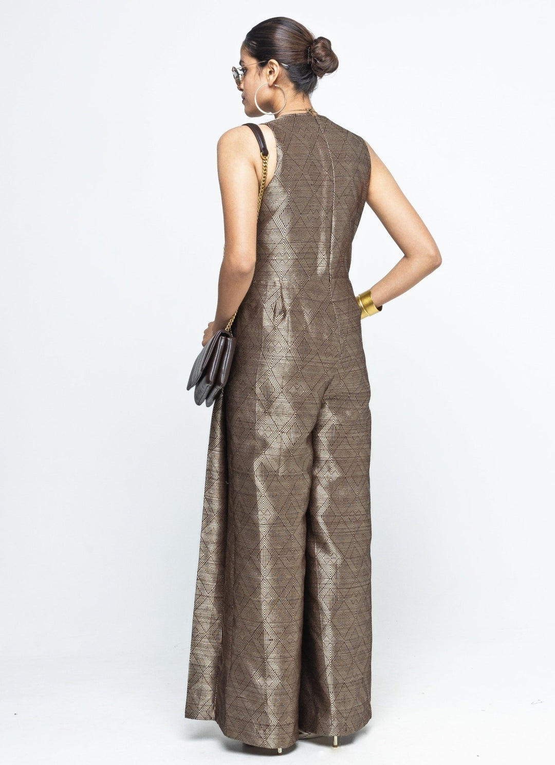 Gold Brown Silk Handwoven Jumpsuit Sobariko - Fabilicious Fashion
