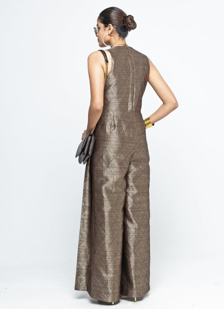 Gold Brown Silk Handwoven Jumpsuit Sobariko - Fabilicious Fashion