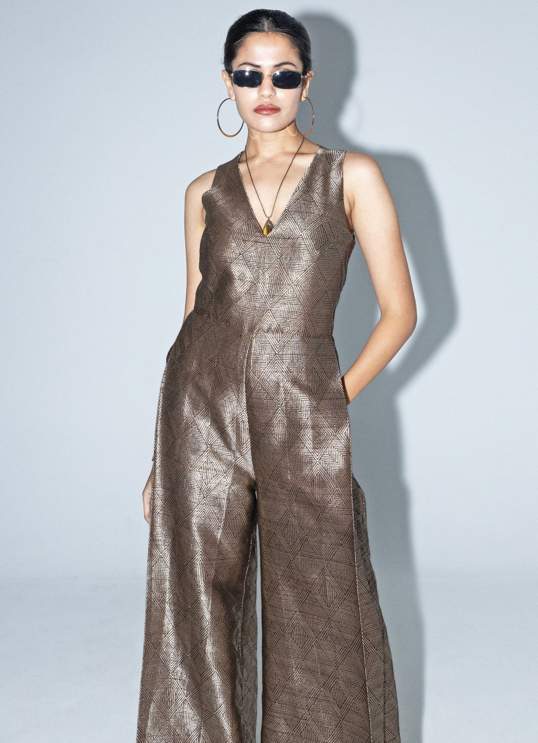 Gold Brown Silk Handwoven Jumpsuit Sobariko - Fabilicious Fashion